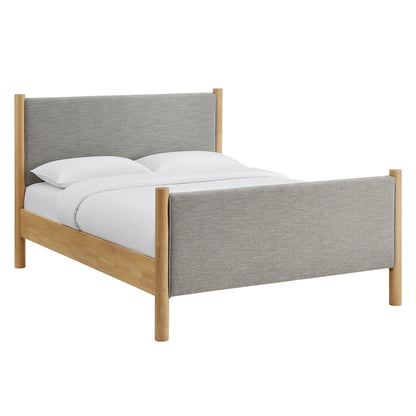 Queen size fabric upholstered platform bed with an oatmeal headboard and footboard, white bedding