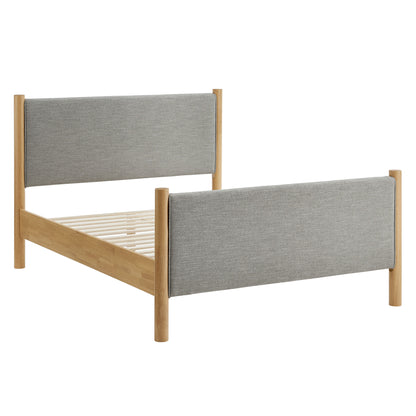 Queen-size fabric upholstered platform bed in oatmeal with a padded headboard and footboard.