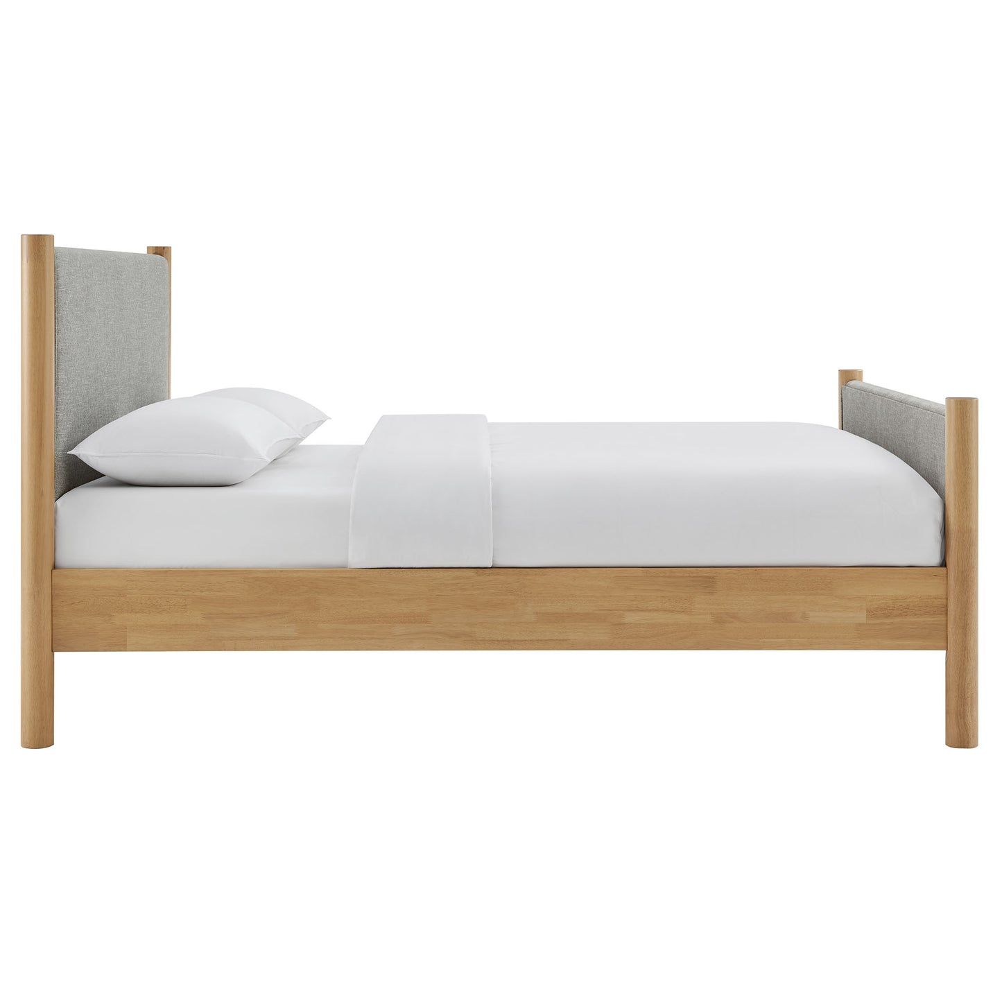 Queen size fabric upholstered platform bed with a padded headboard and footboard panels in oatmeal, shown with white bedding.