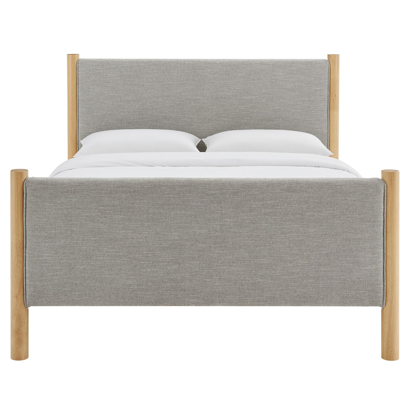Oatmeal fabric upholstered platform bed with natural oak posts, headboard and footboard, white bedding.