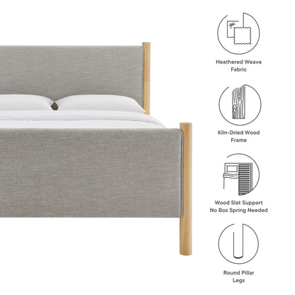 Gray heathered fabric upholstered bed with kiln-dried wood frame, round pillar legs, and slat support (no box spring).