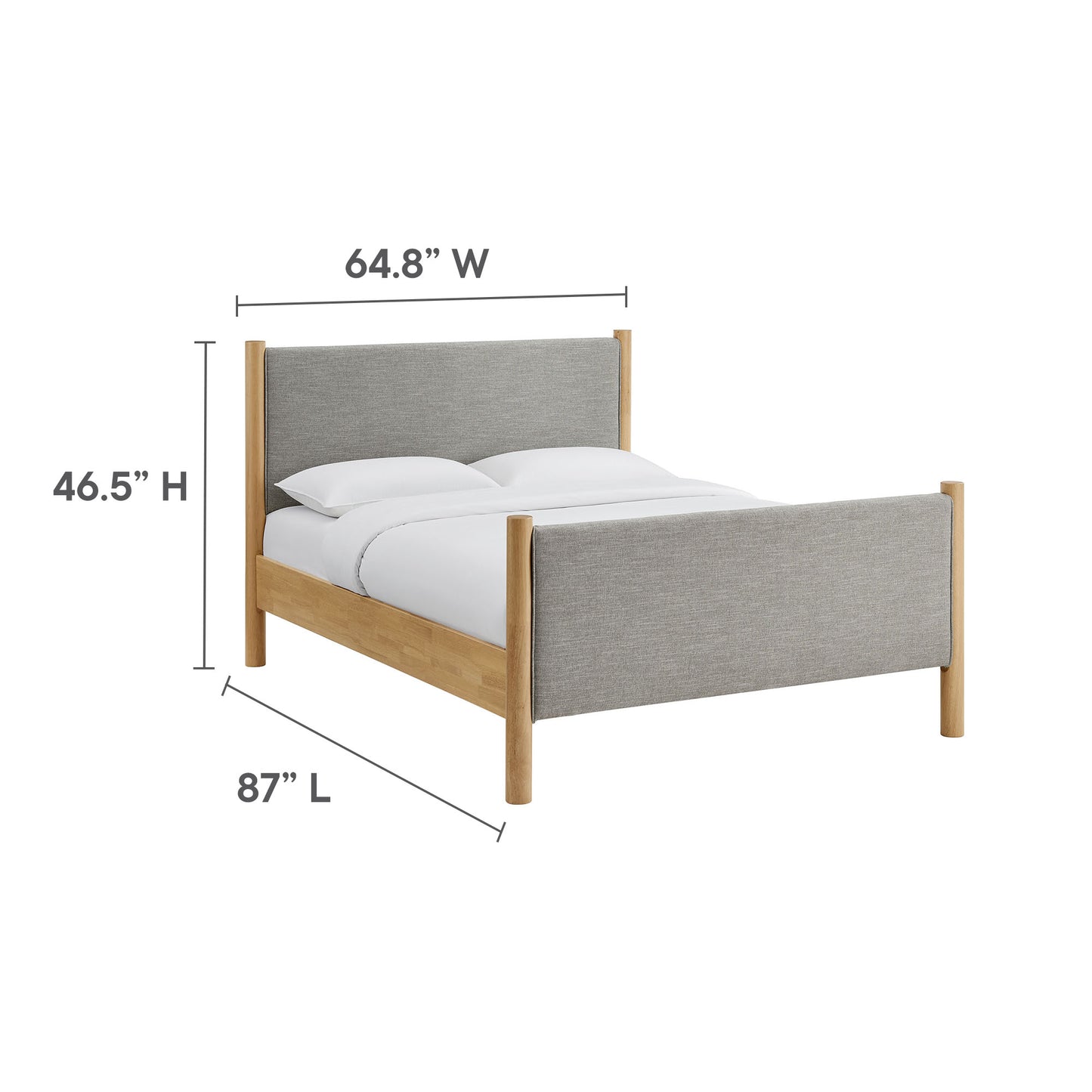 Oak wood bed frame with gray upholstered headboard and footboard, white bedding, 87L x 64.8W x 46.5H