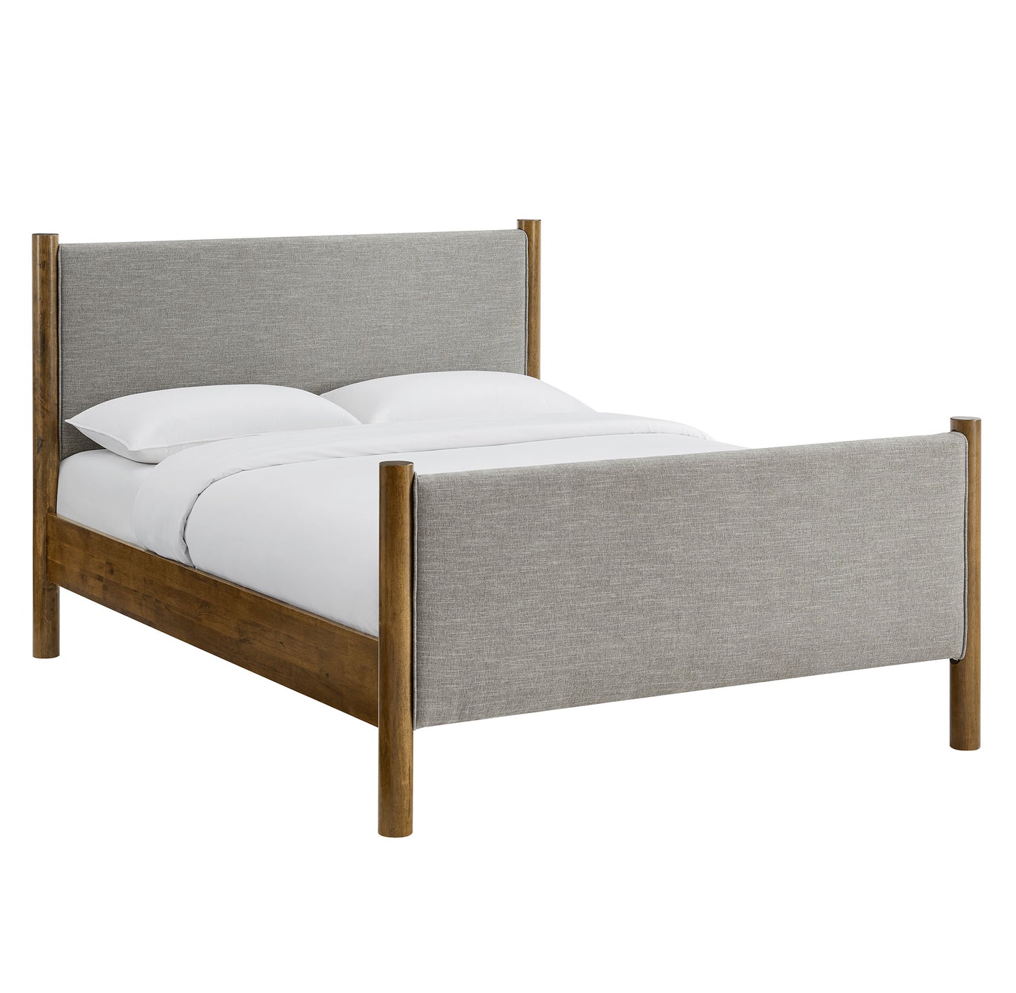 Queen-size platform bed with oatmeal fabric upholstery on the headboard and footboard; a modern bedroom centerpiece.