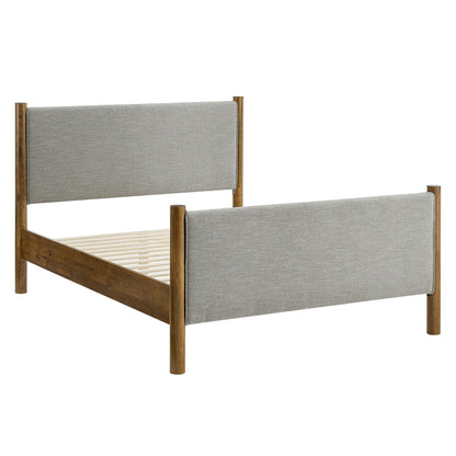 Oatmeal fabric-upholstered platform bed with upholstered headboard and footboard; queen size, slatted base.
