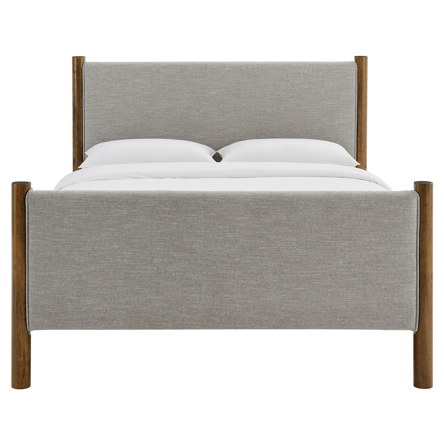 Oatmeal fabric upholstered platform bed with natural wood posts, clean modern frame and white bedding