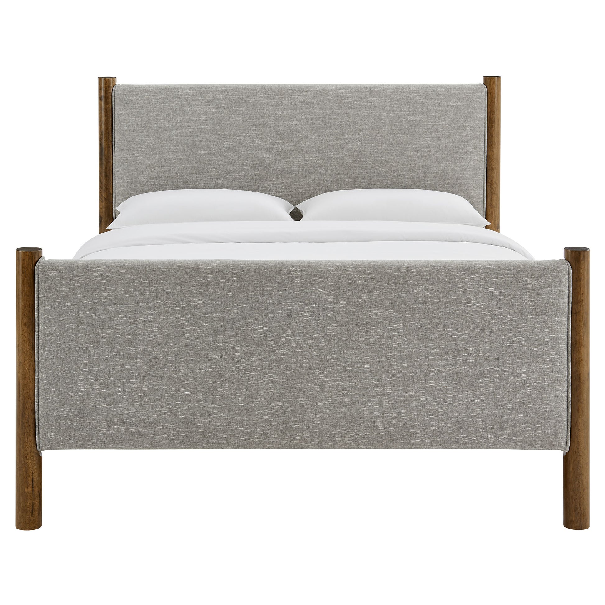 Oatmeal fabric upholstered platform bed with natural wood posts, clean modern frame and white bedding