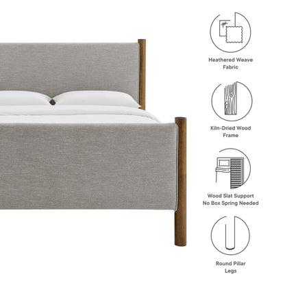 Oatmeal fabric upholstered queen-size platform bed in walnut kiln-dried wood with round pillar legs and slat support; no box spring.