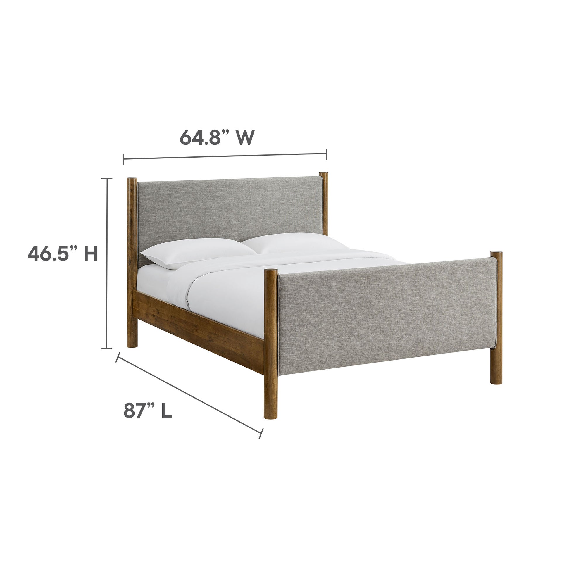Queen fabric upholstered platform bed in oatmeal with upholstered headboard; modern design.