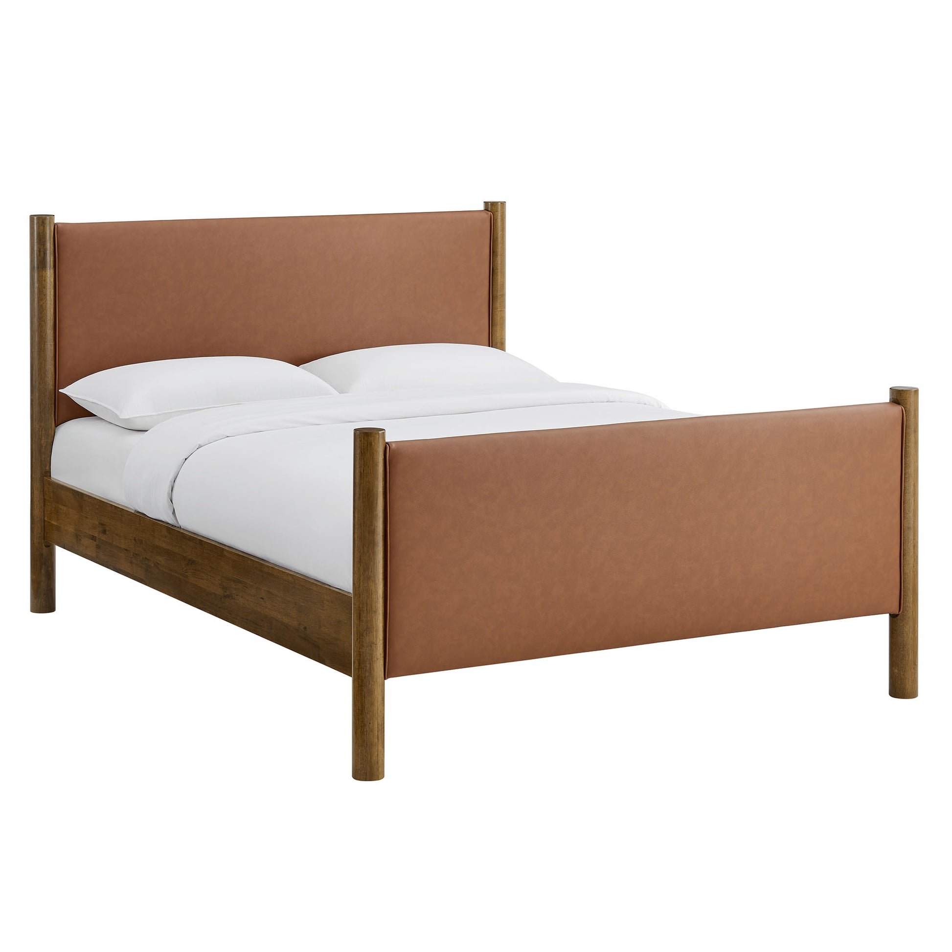 Platform bed with tan vegan leather upholstered headboard & footboard, solid wood frame & posts, white bedding.
