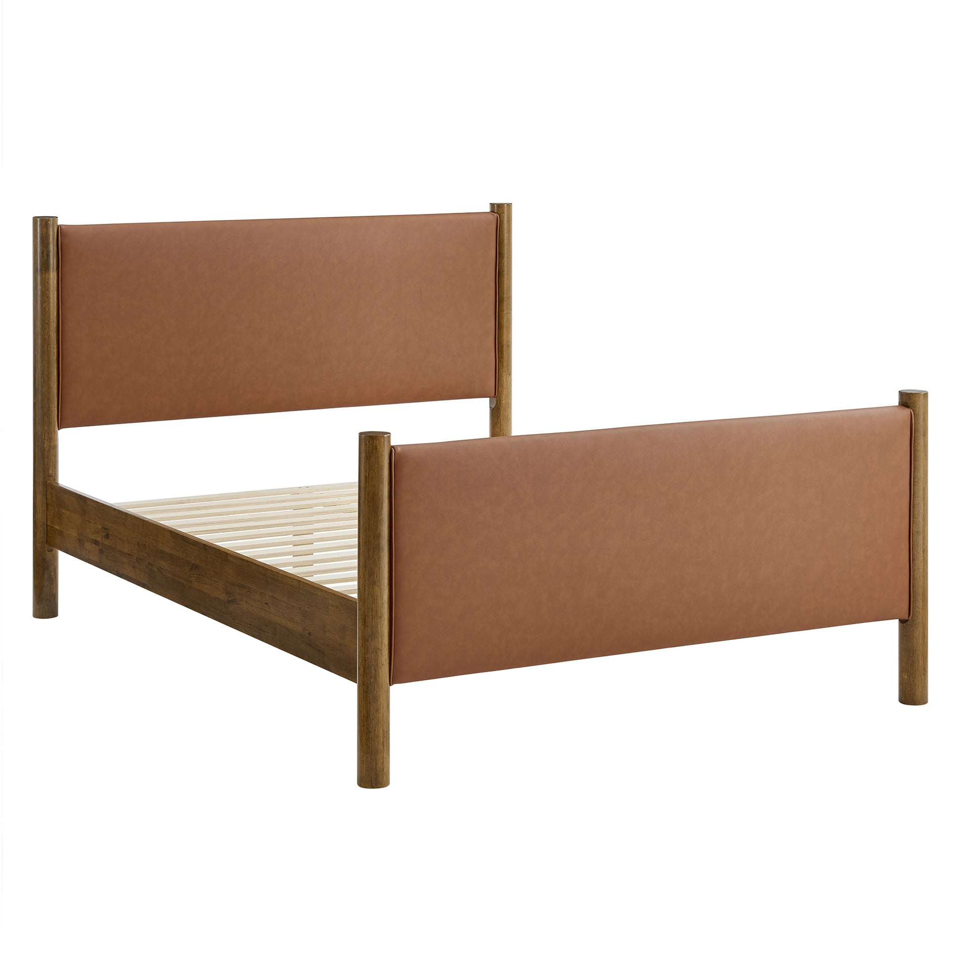 Queen size vegan leather upholstered platform bed with tan headboard and walnut-stained posts, slatted base.