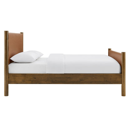 Wood bed frame with tan leather headboard and footboard, white bedding.