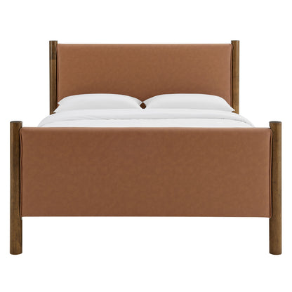 Brown vegan leather upholstered platform bed with headboard and footboard, queen size; white bedding.