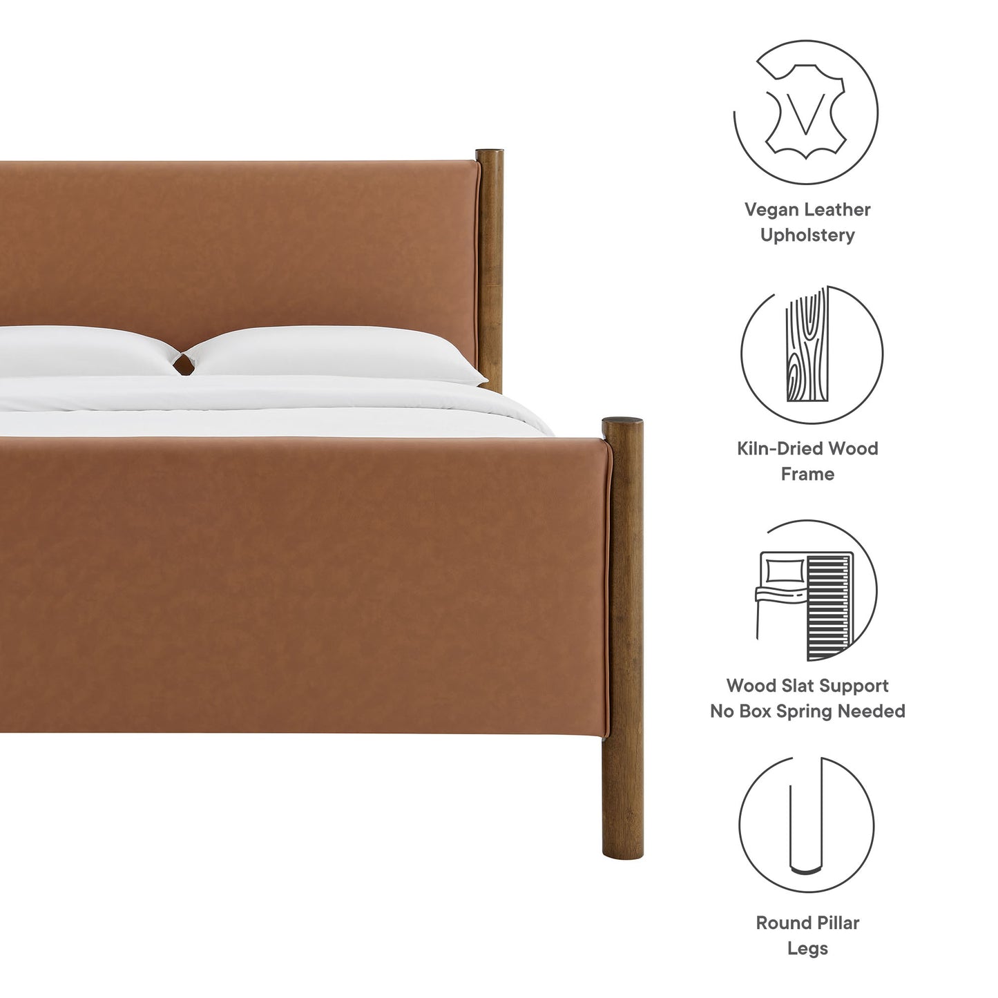 Tan vegan leather upholstered platform bed with kiln-dried wood frame, round pillar legs, and wood slat support.