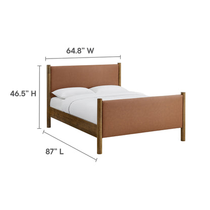 Walnut-finish bed frame with tan upholstered headboard and footboard, 64.8W x 87L; 46.5H headboard, mid-century modern style.