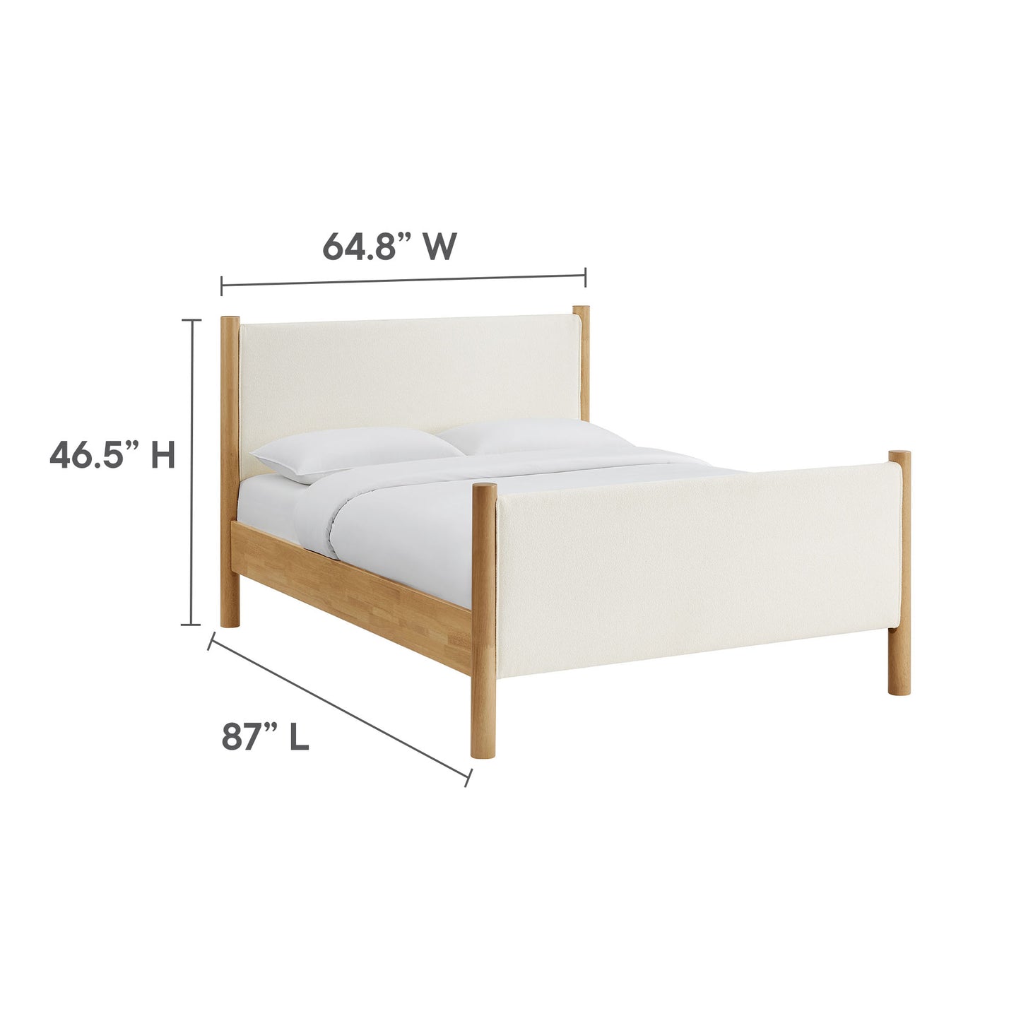 Oak Maven bed frame with cream upholstered headboard and footboard; modern style, 87" L x 64.8" W x 46.5" H.