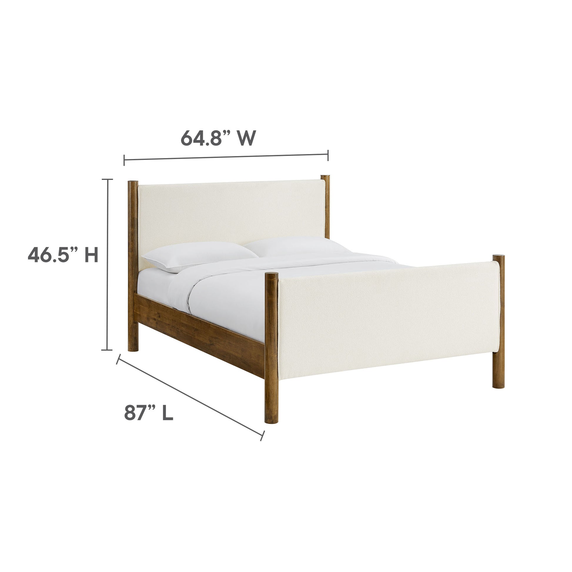 Maven queen size boucle upholstered platform bed in ivory with upholstered headboard and footboard, modern style, 64.8W x 87L x 46.5H