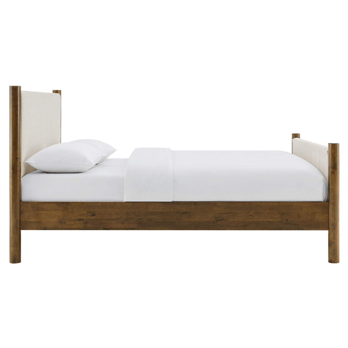 Ivory fabric-upholstered king-size platform bed with a square-post frame and a simple headboard and footboard.