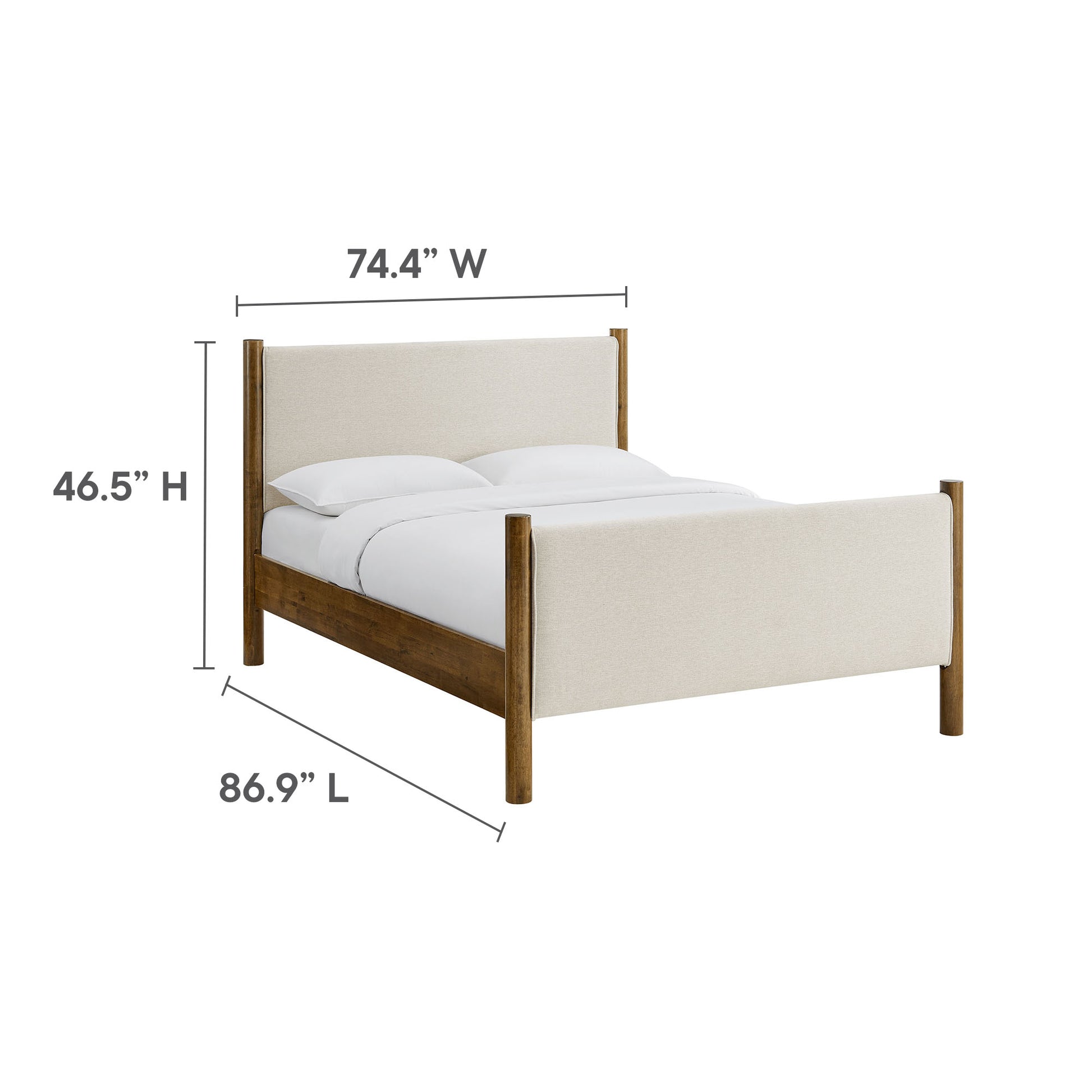 King bed with natural wood frame & beige upholstered headboard & footboard; 74.4W x 86.9L x 46.5H.