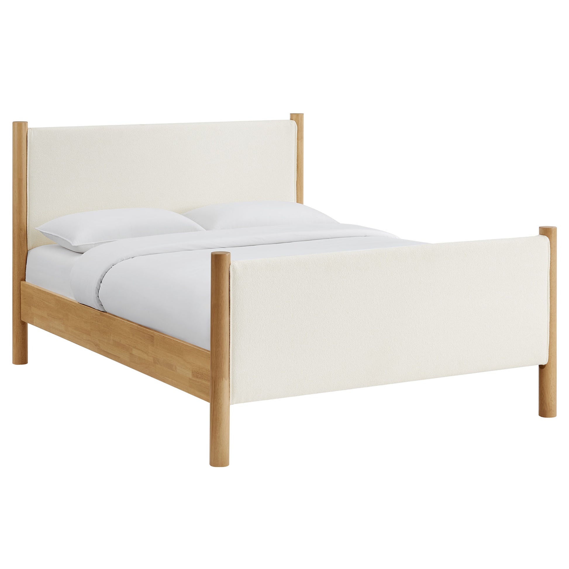 Oak bed frame with cream upholstered headboard and footboard; minimalist platform design.