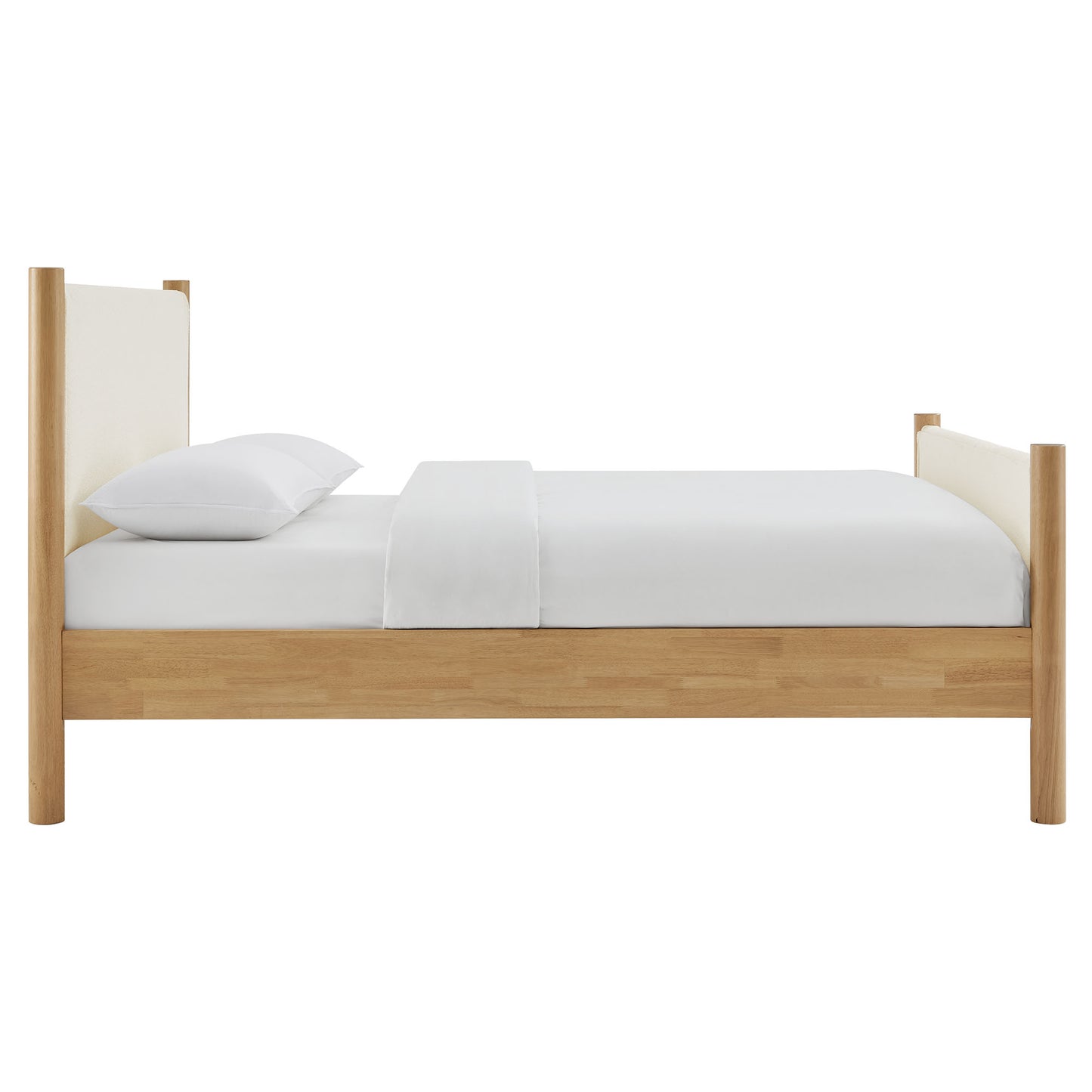 Natural oak wood frame, minimalist single platform bed with tall posts & white sheets & pillows.