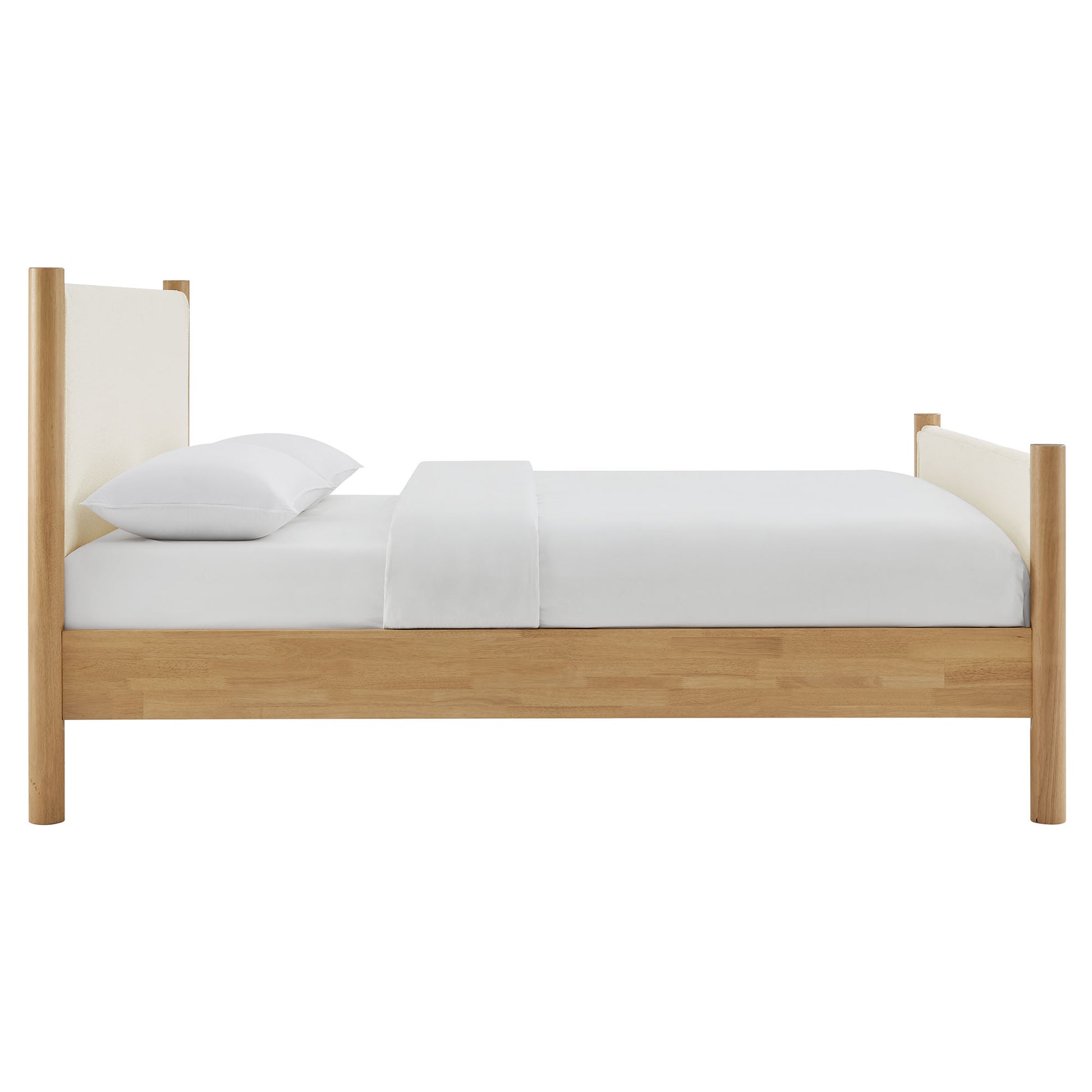 Natural oak wood frame, minimalist single platform bed with tall posts & white sheets & pillows.
