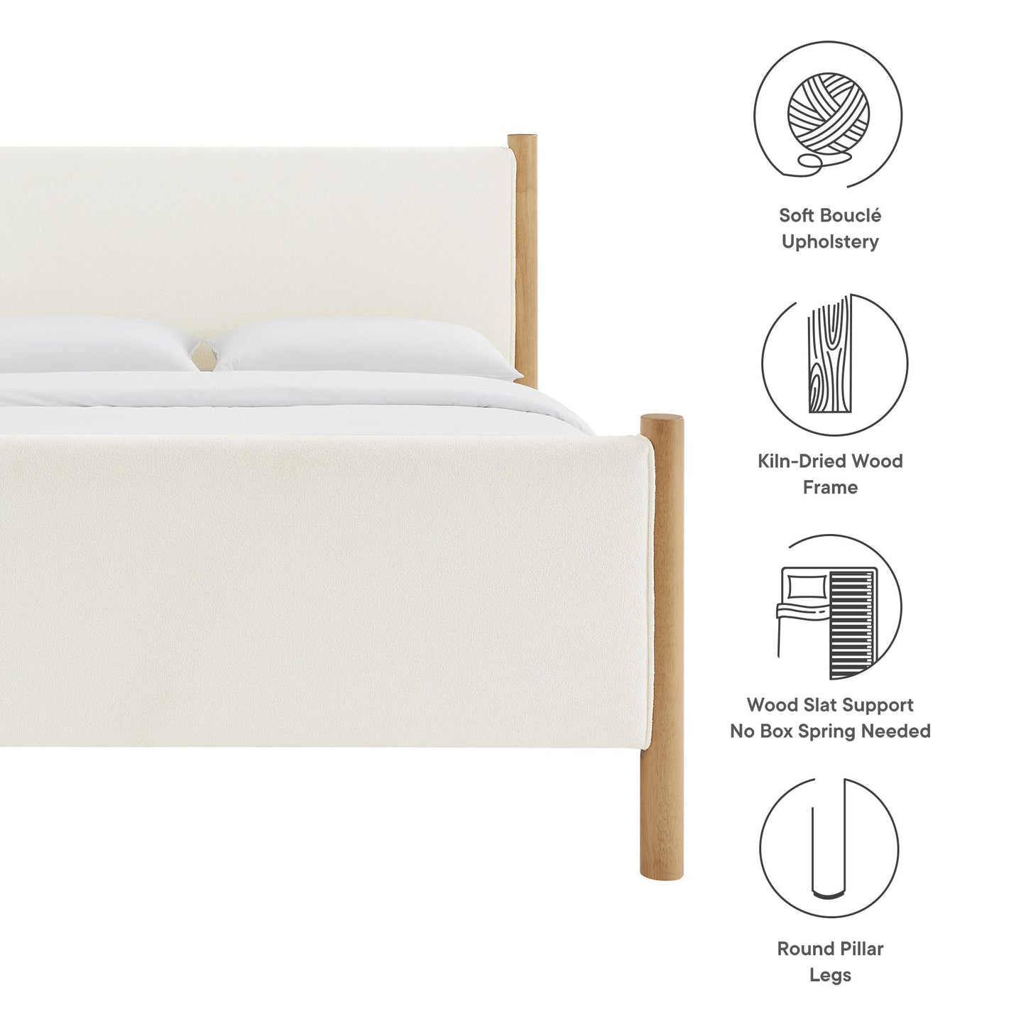 Cream boucle upholstered platform bed with kiln-dried oak frame and round pillar legs; slat support, no box spring needed.