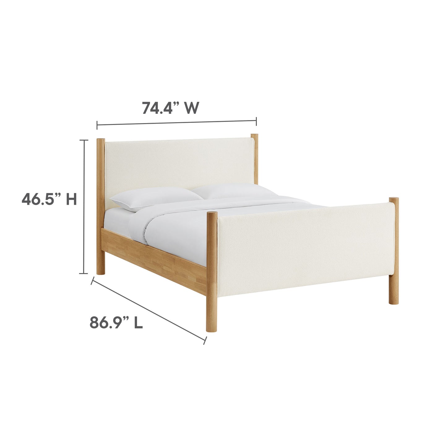 Oak bed frame with ivory upholstered headboard/footboard; modern rustic style, 86.9" L x 74.4" W x 46.5" H
