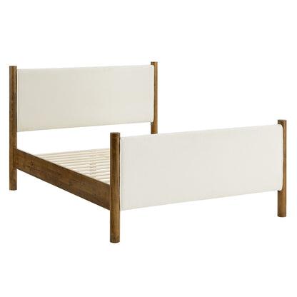 Ivory boucle upholstered king-size platform bed.