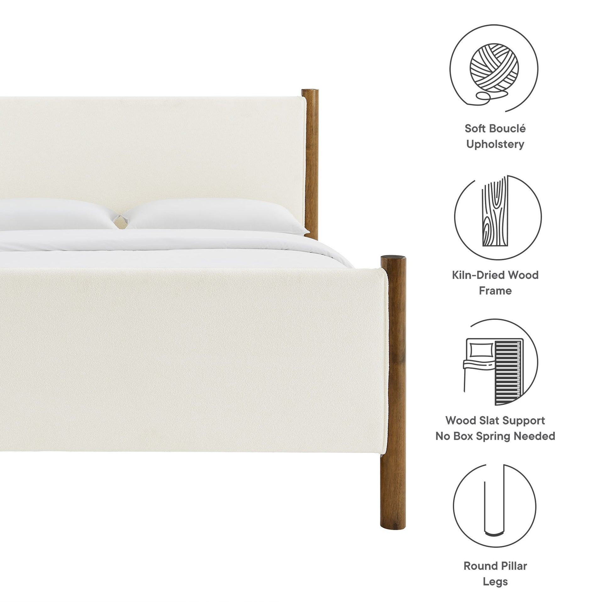 Ivory boucle upholstered platform bed with kiln-dried wood frame, round pillar legs, and slat support.
