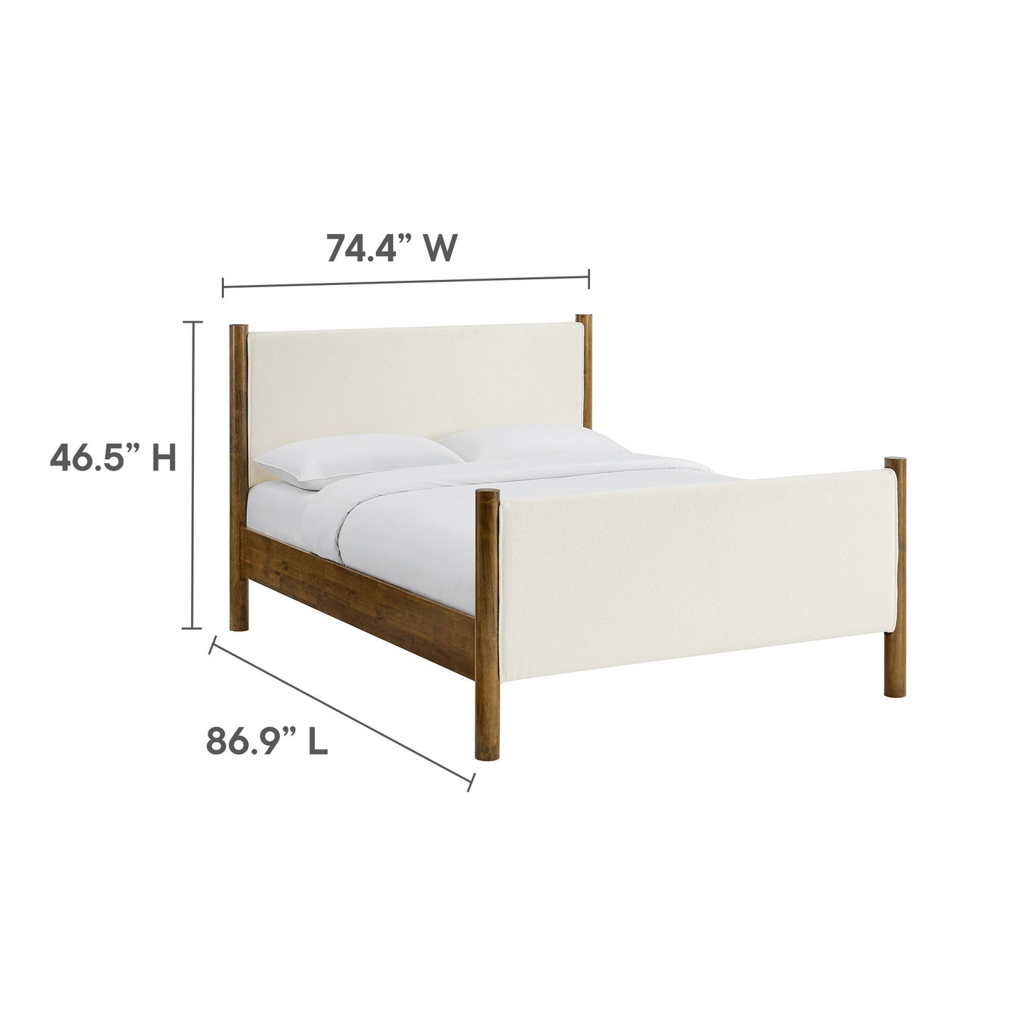 Ivory boucle upholstered platform bed; 74.4W x 86.9L x 46.5H; clean mid-century style.