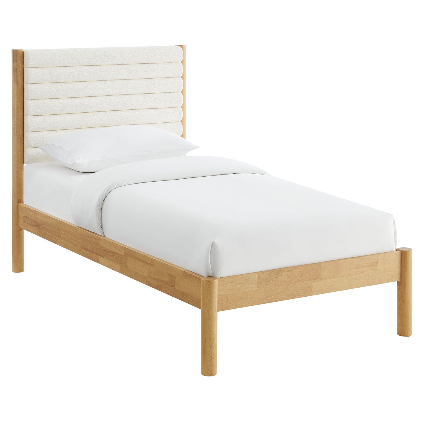 Oak-finish solid wood twin platform bed with channel-tufted boucle headboard and white bedding.