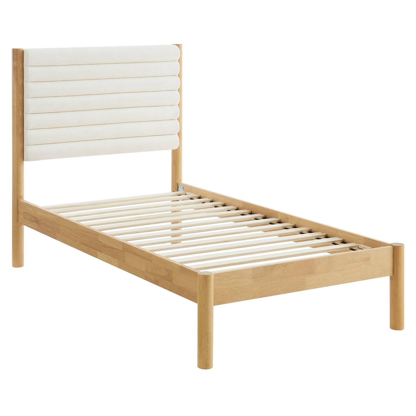 Oak-finish bed frame with slatted platform and white cylindrical padded headboard.