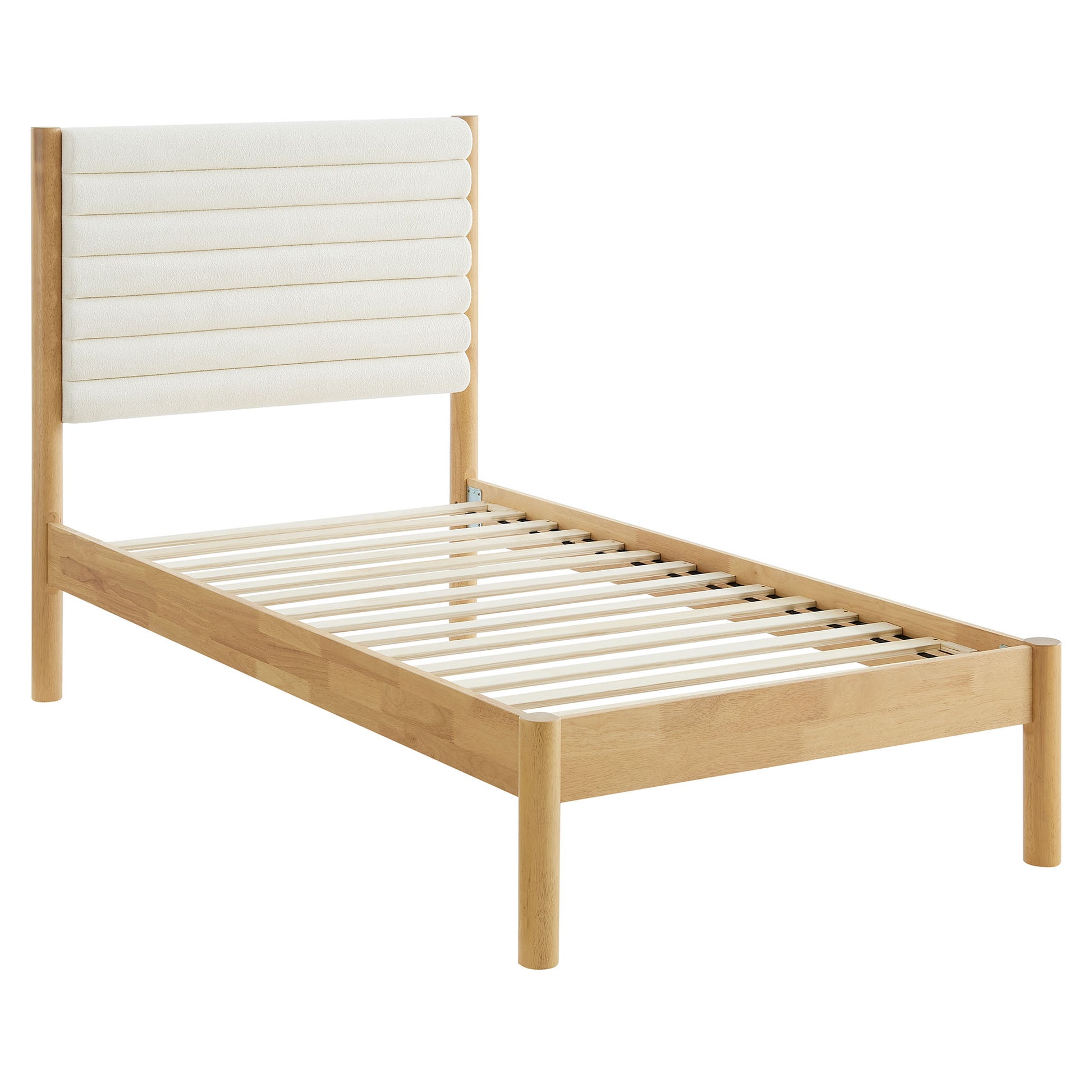 Oak-finish bed frame with slatted platform and white cylindrical padded headboard.