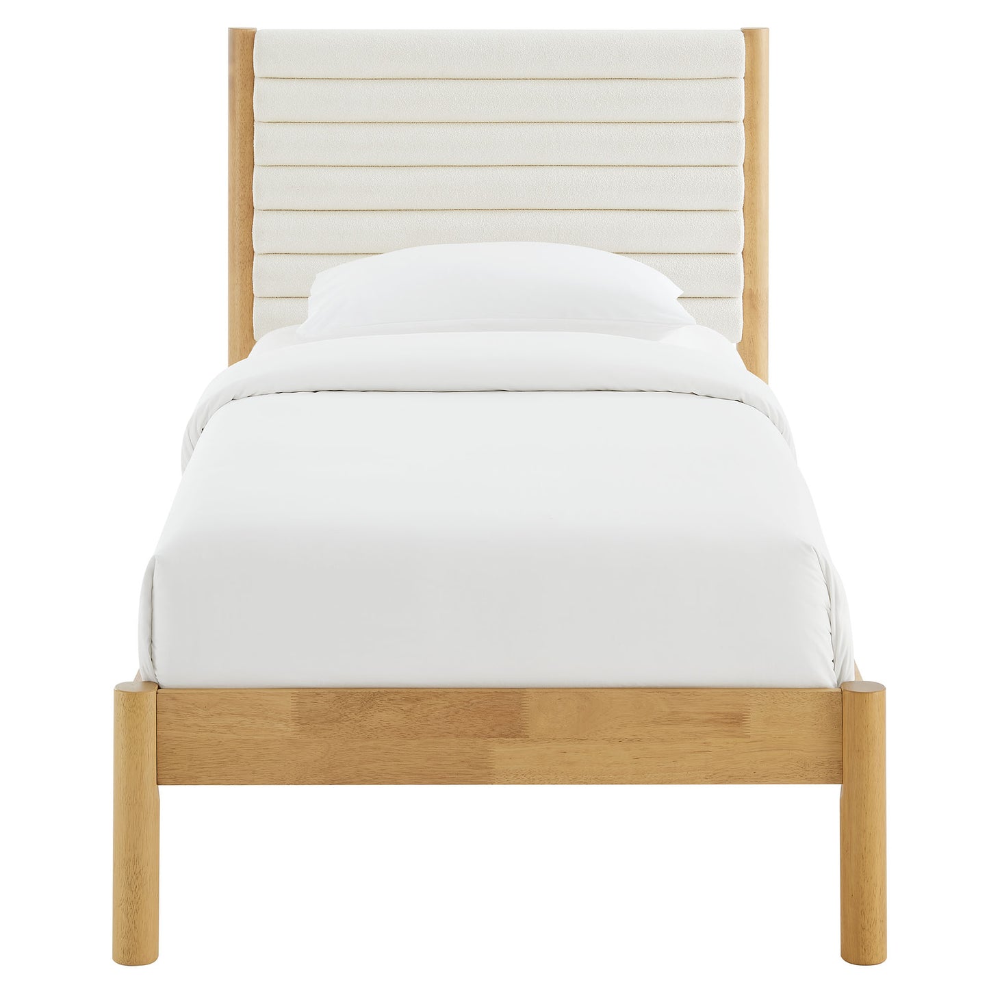 Oak-finish solid wood twin platform bed with a channel-tufted boucle upholstered headboard and white bedding, in a modern minimalist style.