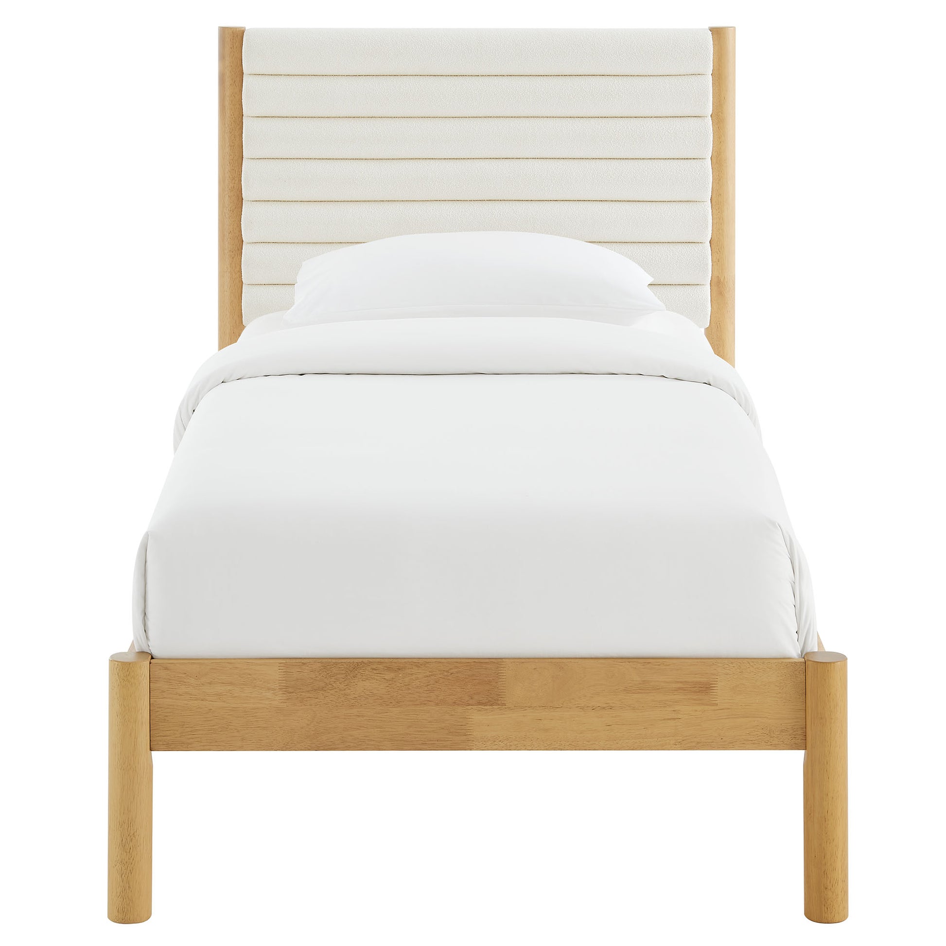 Oak-finish solid wood twin platform bed with a channel-tufted boucle upholstered headboard and white bedding, in a modern minimalist style.