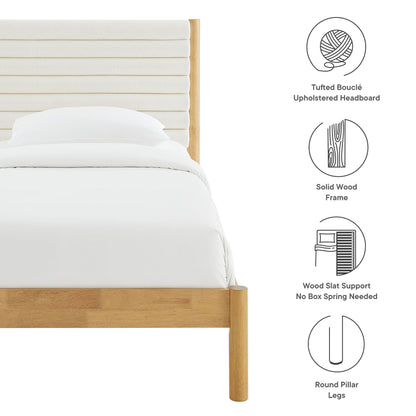 Oak bed with tufted boucle upholstered headboard, white bedding; solid wood frame, round pillar legs, slat support.