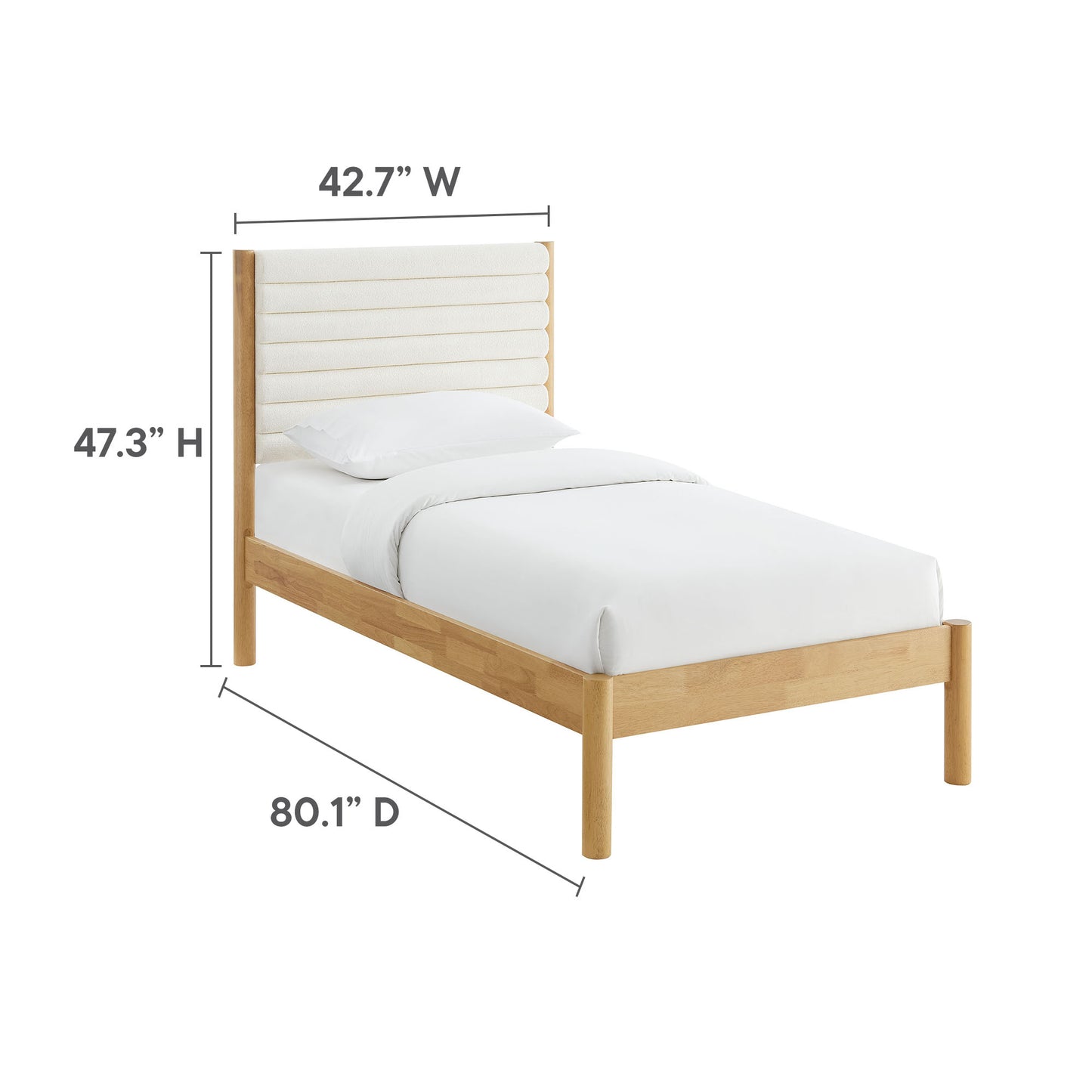Natural oak platform bed with channel tufted headboard, white bedding, 42.7W x 80.1D x 47.3H.