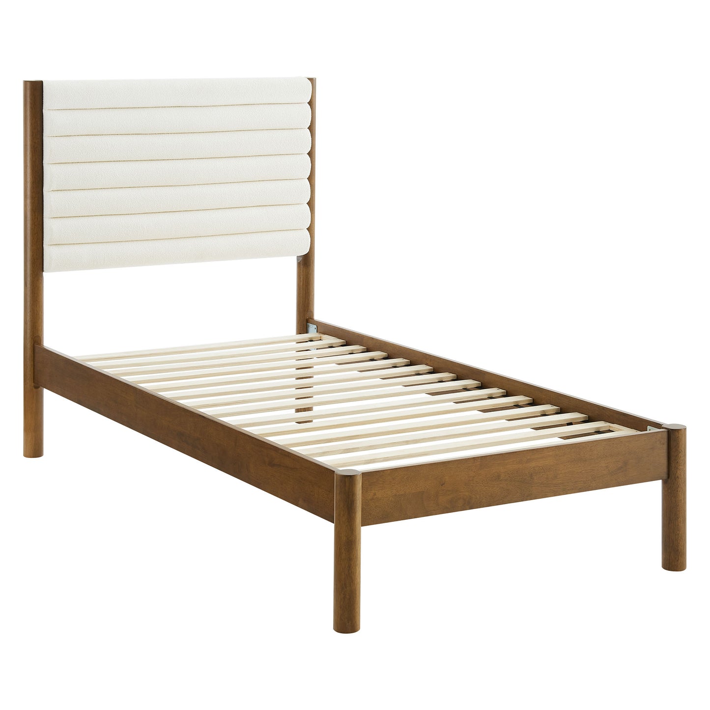 Walnut-finish platform bed frame with white padded cushion headboard and wooden slatted base.