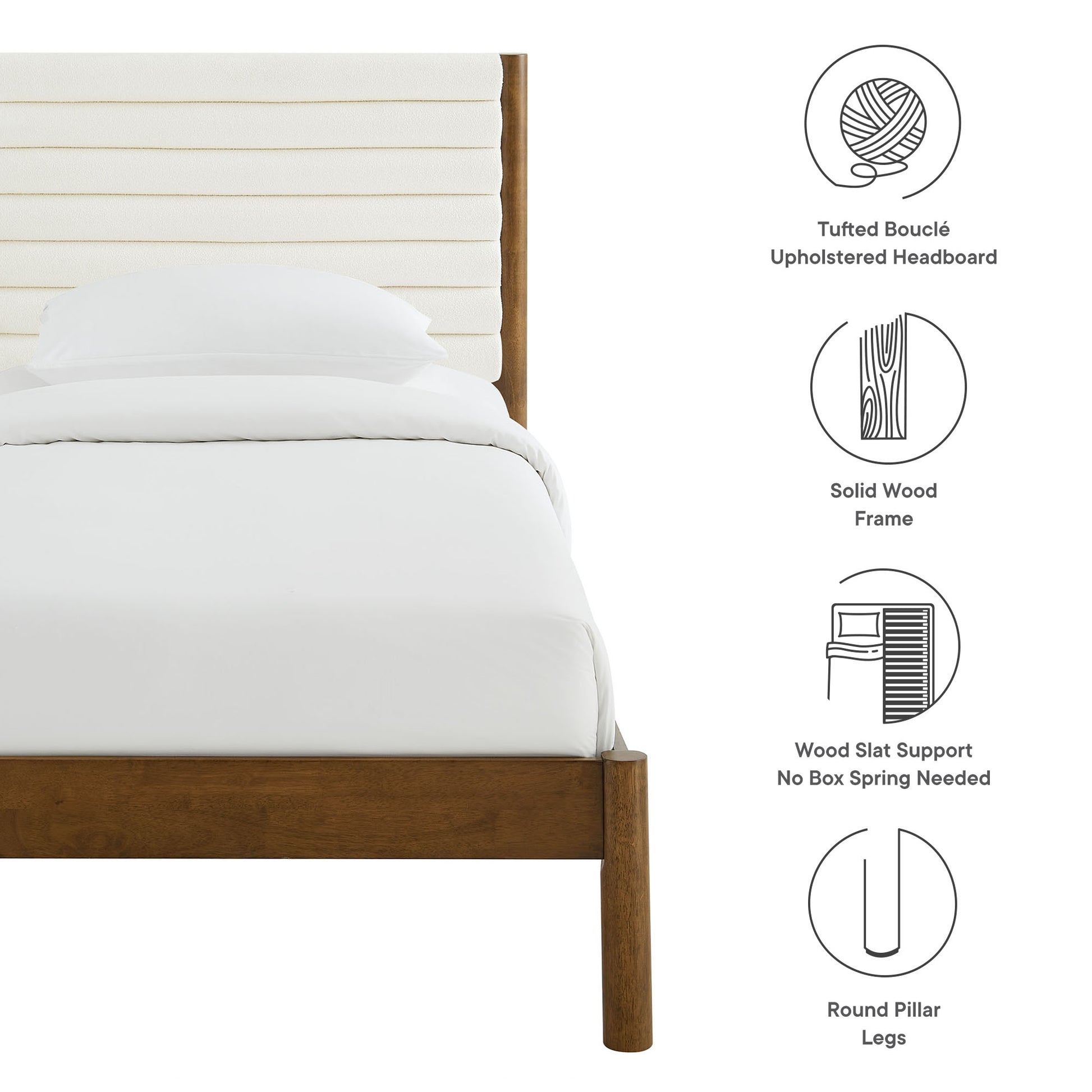 Walnut wood bed frame with a light-beige tufted upholstered headboard, white bedding, round pillar legs, and slat support.
