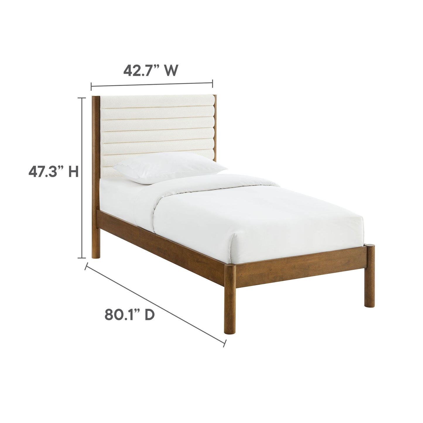 Walnut-finish wood twin platform bed with a cream boucle channel-tufted upholstered headboard and white bedding; contemporary bedroom style.