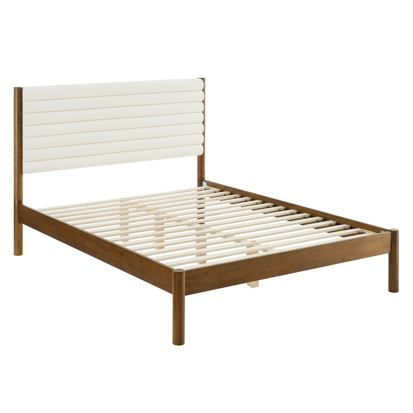 Walnut solid wood full platform bed with a channel-tufted boucle headboard.