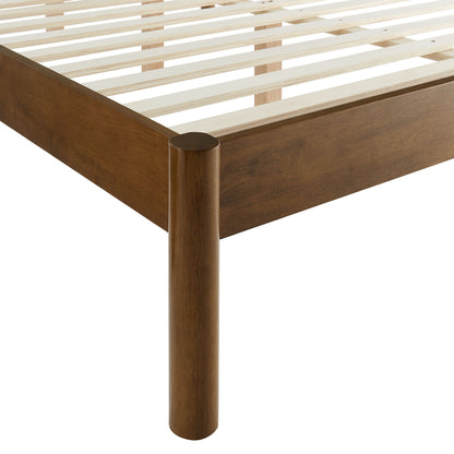 Walnut-finish solid wood full platform bed corner with rounded leg