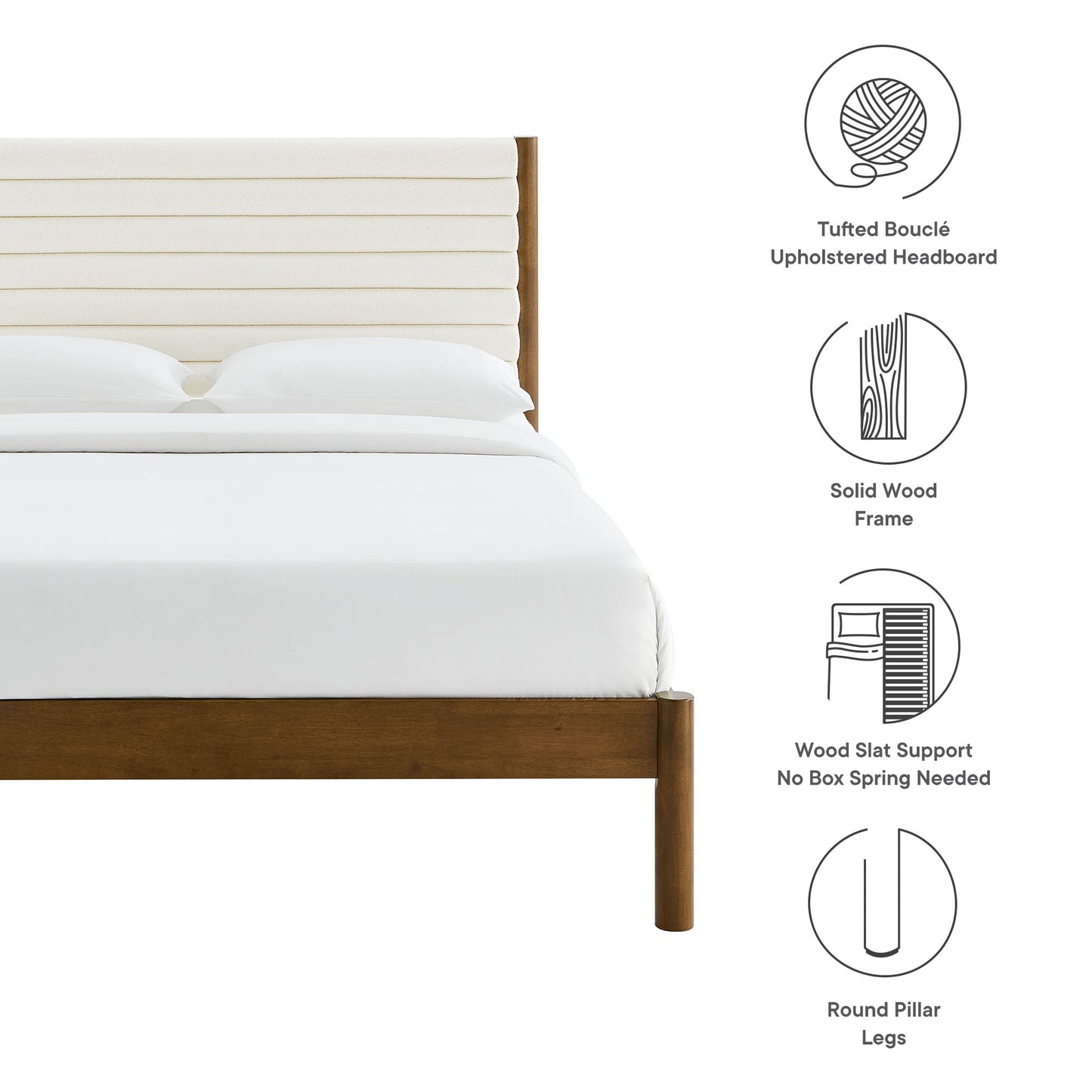 Bed with cream tufted boucle headboard, solid walnut frame, wood slat support, round pillar legs - modern rustic style