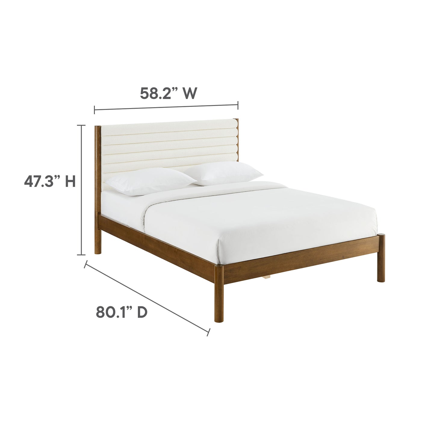 Walnut solid wood full platform bed with channel-tufted boucle headboard.