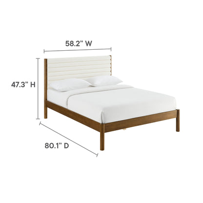 Walnut solid wood full platform bed with channel-tufted boucle headboard.