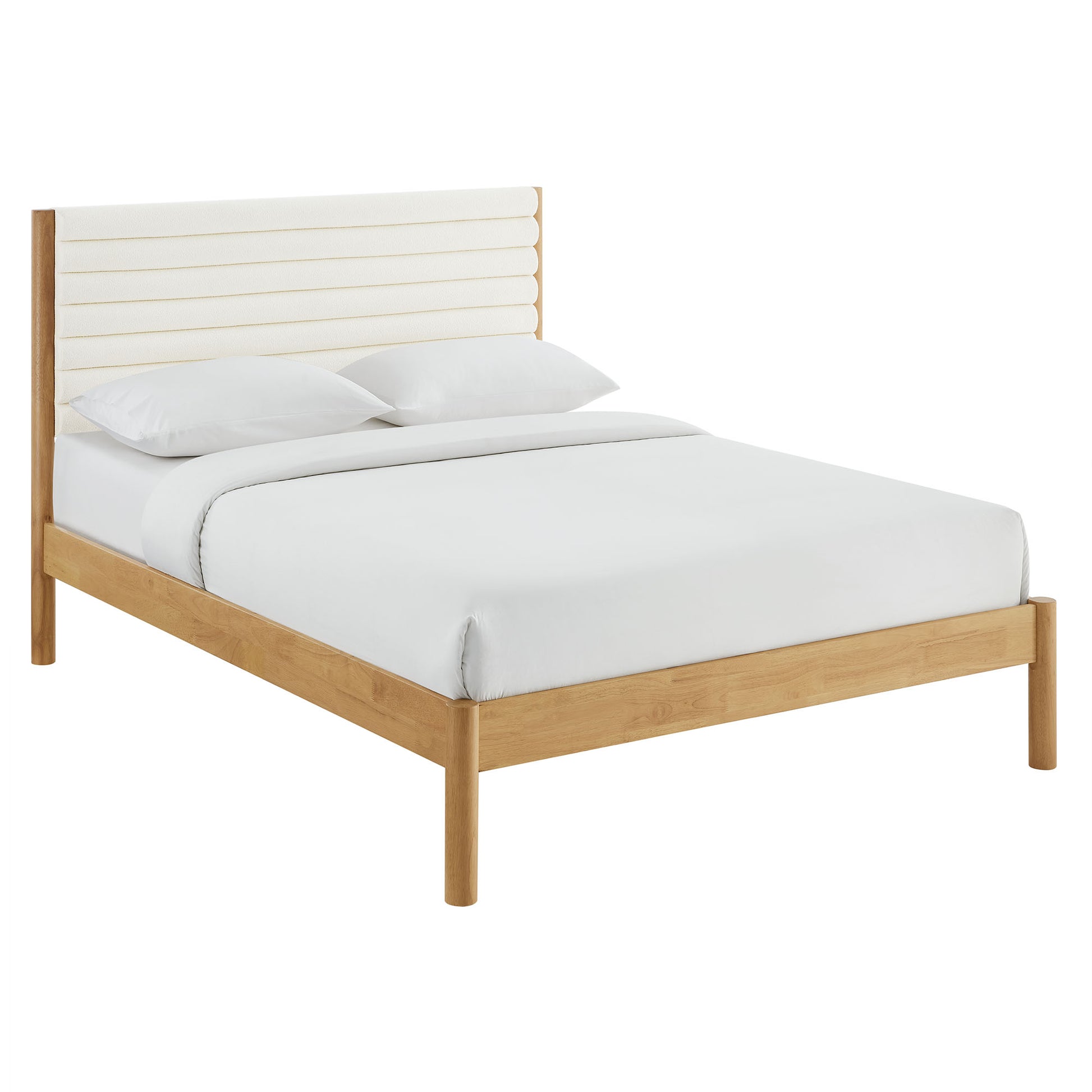 Oak king platform bed frame with a channel-tufted boucle headboard and white bedding.