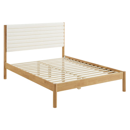 Oak-finish solid wood king platform bed with a channel-tufted boucle headboard.