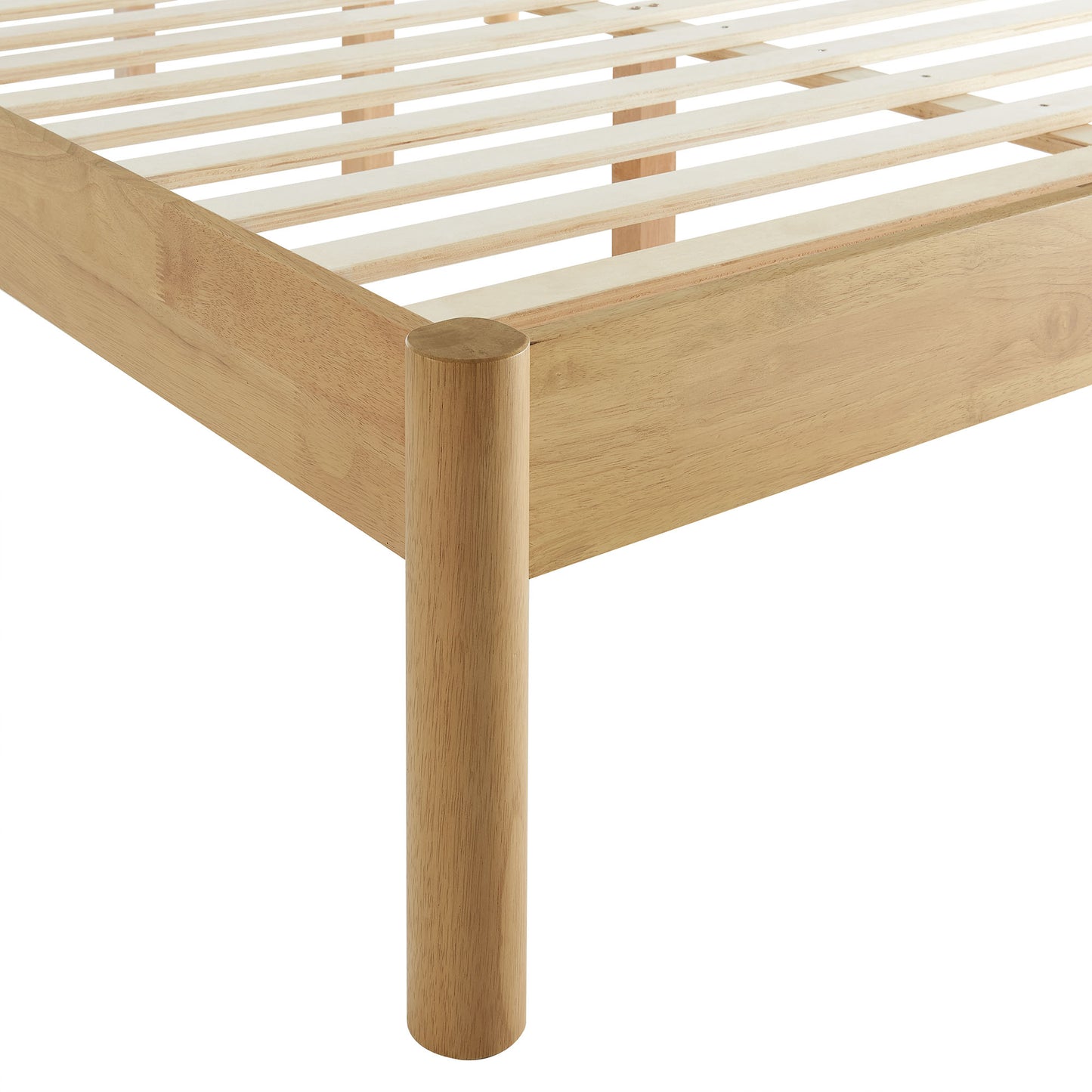 Natural oak wooden bed frame with slatted platform and a rounded cylindrical leg.