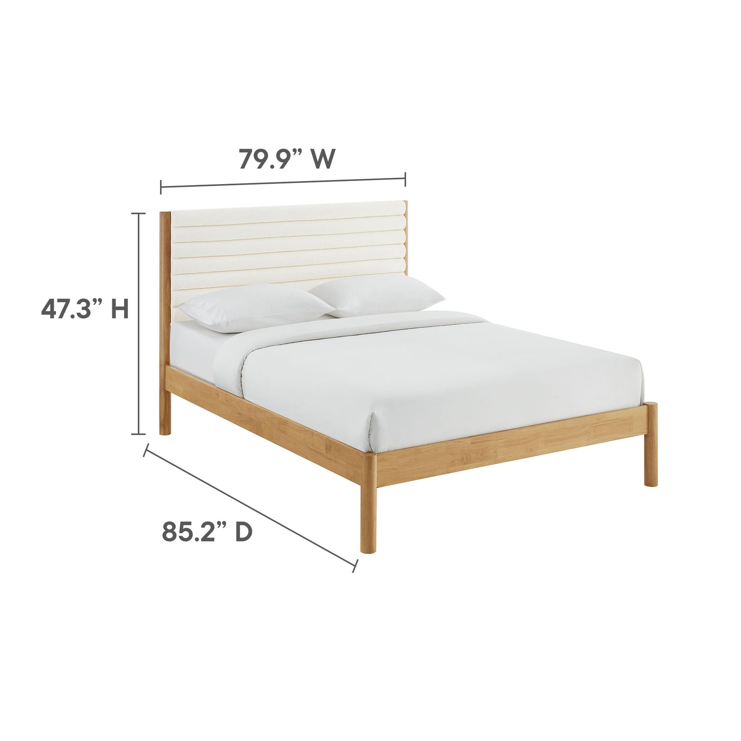 Natural oak wood king-size platform bed with channel-tufted boucle headboard.