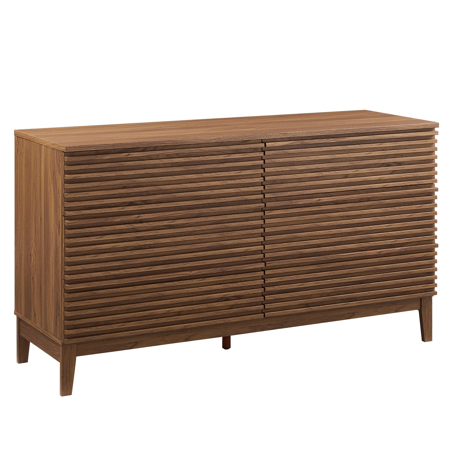 Walnut-finish mid-century modern 6-drawer dresser with raised legs.